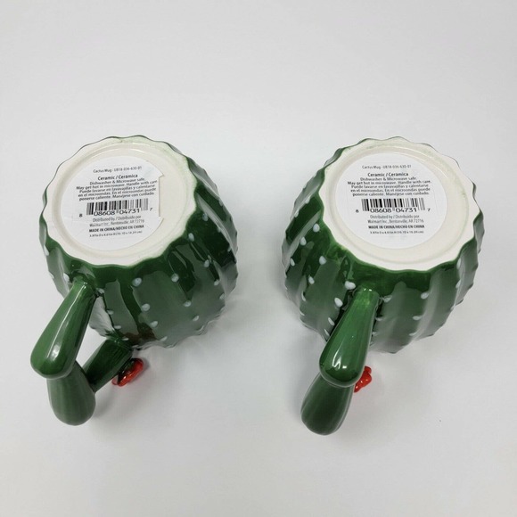 Cactus Ceramic Mugs Green White Red Flower Set of 2 - Picture 8 of 12
